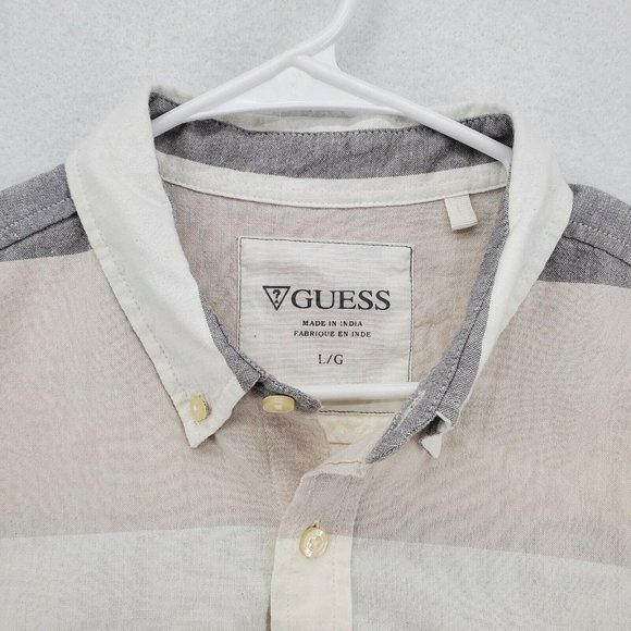 GUESS Shirt Men's Long Sleeve Striped Casual Button Up Oxford White Tan Large - Picture 7 of 12
